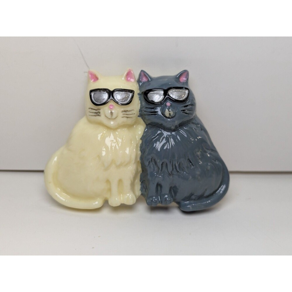 White & Grey Two Cats In Glasses Brooch Pin